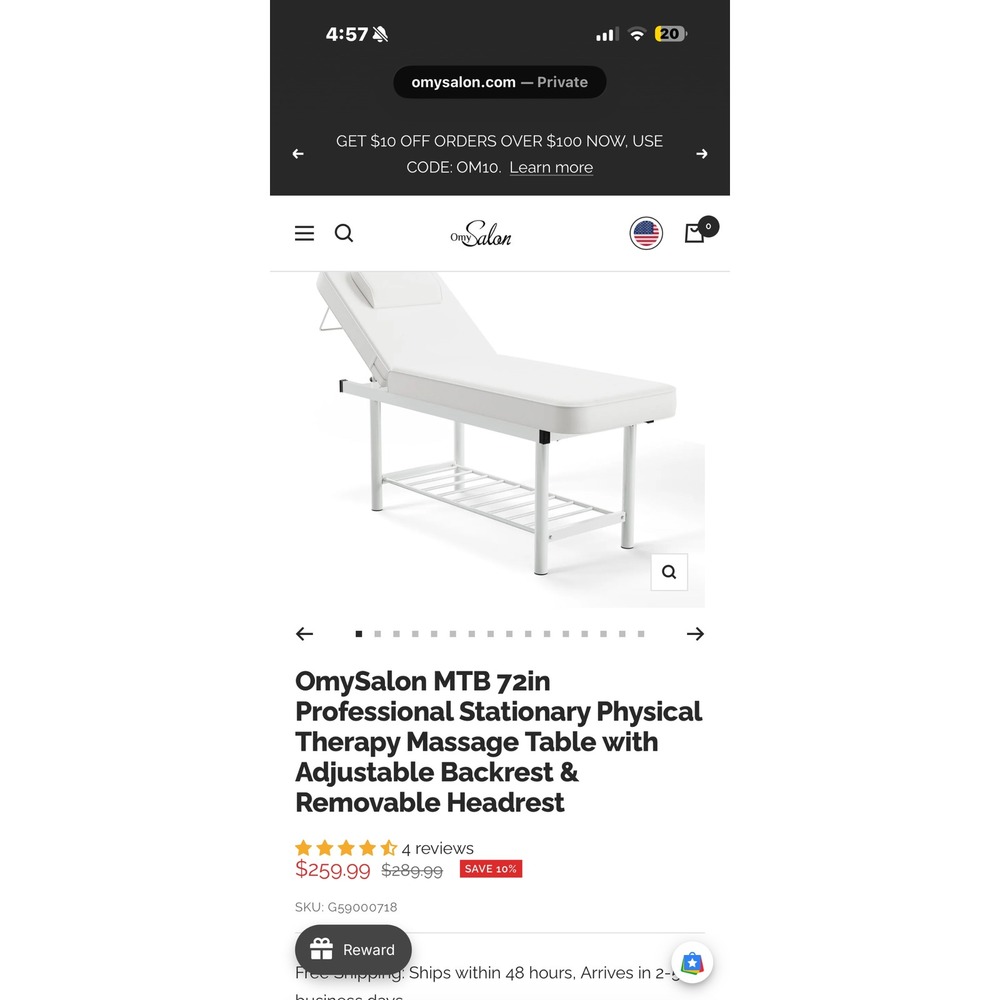 OmySalon‎ MTB-W 72in Professional Stationary Massage Table Adjustable White NIB